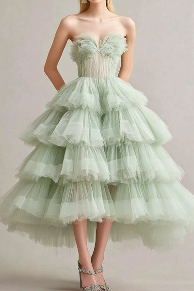 Sage Sweetheart Tulle Tiered Tea Length Long Formal Dress