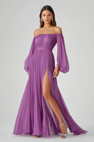 Purple Chiffon Pleated Off the Shoulder Long Formal Dress with Slit