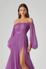 Load image into Gallery viewer, Purple Chiffon Pleated Off the Shoulder Long Formal Dress with Slit