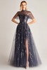 Load image into Gallery viewer, Sparkly Navy Illusion Tulle A Line Long Formal Dress with Slit