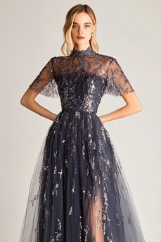 Sparkly Navy Illusion Tulle A Line Long Formal Dress with Slit