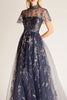 Load image into Gallery viewer, Sparkly Navy Illusion Tulle A Line Long Formal Dress with Slit