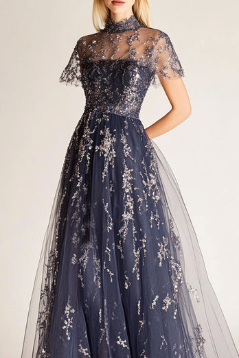 Sparkly Navy Illusion Tulle A Line Long Formal Dress with Slit