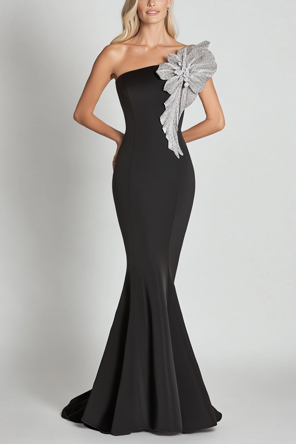 Black One Shoulder Satin Long Formal Dress with Sequined Flower