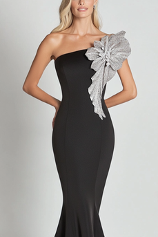 Black One Shoulder Satin Long Formal Dress with Sequined Flower