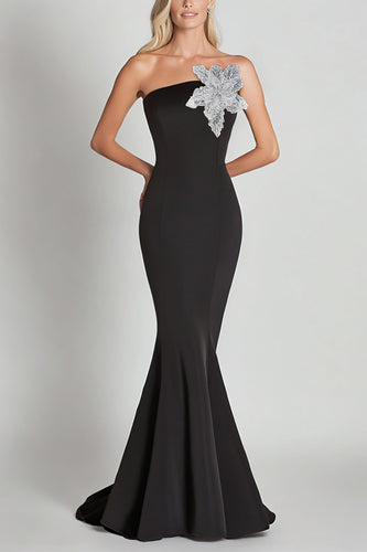 Black One Shoulder Satin Long Formal Dress with Sequined Flower