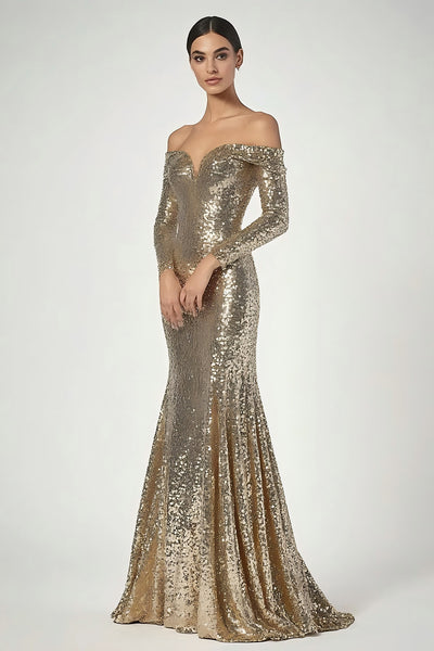 Sparkly Golden Sequin Off the Shoulder Long Formal Dress with Long Sleeves