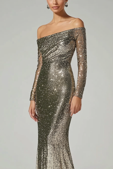 Sparkly Golden Sequin Off the Shoulder Long Formal Dress with Long Sleeves