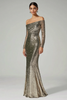 Load image into Gallery viewer, Sparkly Golden Sequin Off the Shoulder Long Formal Dress with Long Sleeves