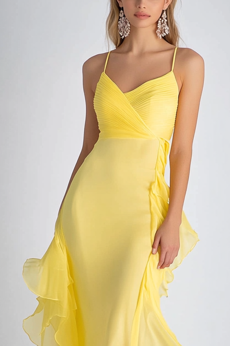 Load image into Gallery viewer, Daffodil Spaghetti Straps Chiffon Long Formal Dress with Ruffles