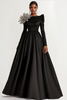 Load image into Gallery viewer, Queendancer Women Black Ball Gown Evening Dress Satin Formal Dress with Sparkly Flower A Line Boat Neck Long Prom Dress with Long Sleeves