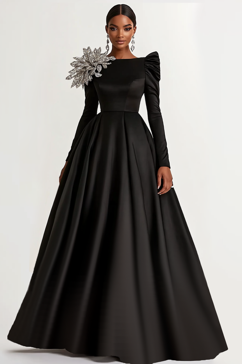 Black Satin Ball Gown Long Sleeves Long Formal Dress with Sparkly Flower