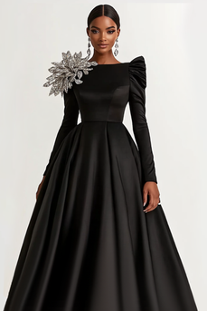 Black Satin Ball Gown Long Sleeves Long Formal Dress with Sparkly Flower