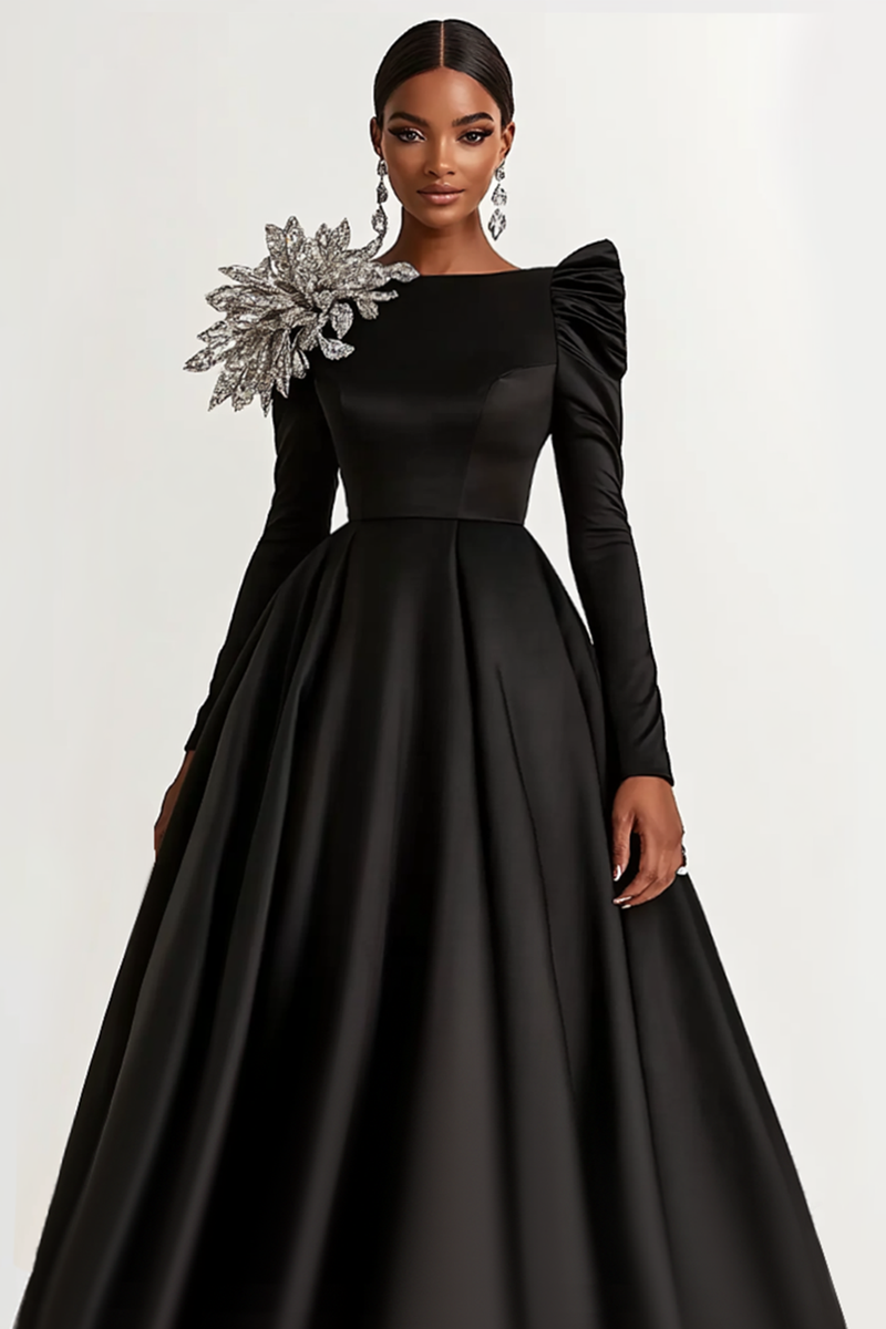 Load image into Gallery viewer, Black Satin Ball Gown Long Sleeves Long Formal Dress with Sparkly Flower