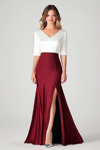 Whit Burgundy V-Neck Mermaid Mother of the Bride Dress with Slit