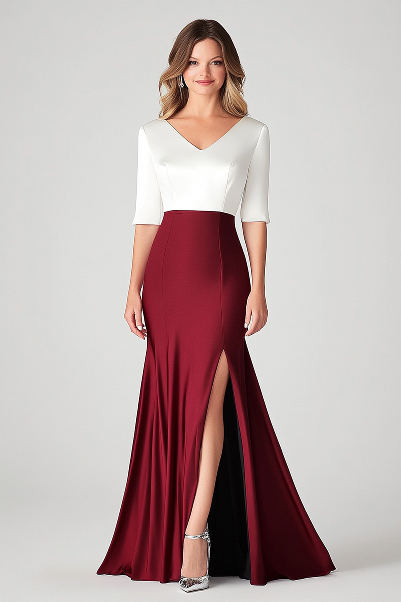 Load image into Gallery viewer, Whit Burgundy V-Neck Mermaid Mother of the Bride Dress with Slit