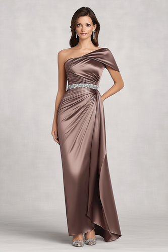 Taupe One Shoulder Pleated Sheath Mother of the Bride Dress