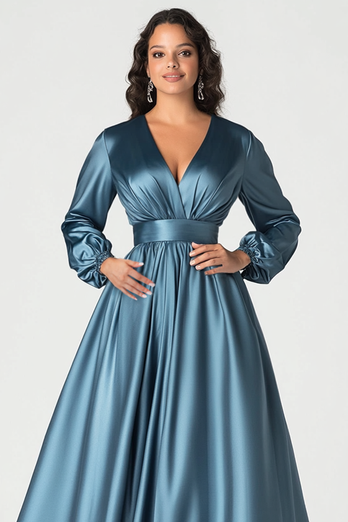 Grey Satin V-Neck Mother of the Bride Dress with Long Sleeves