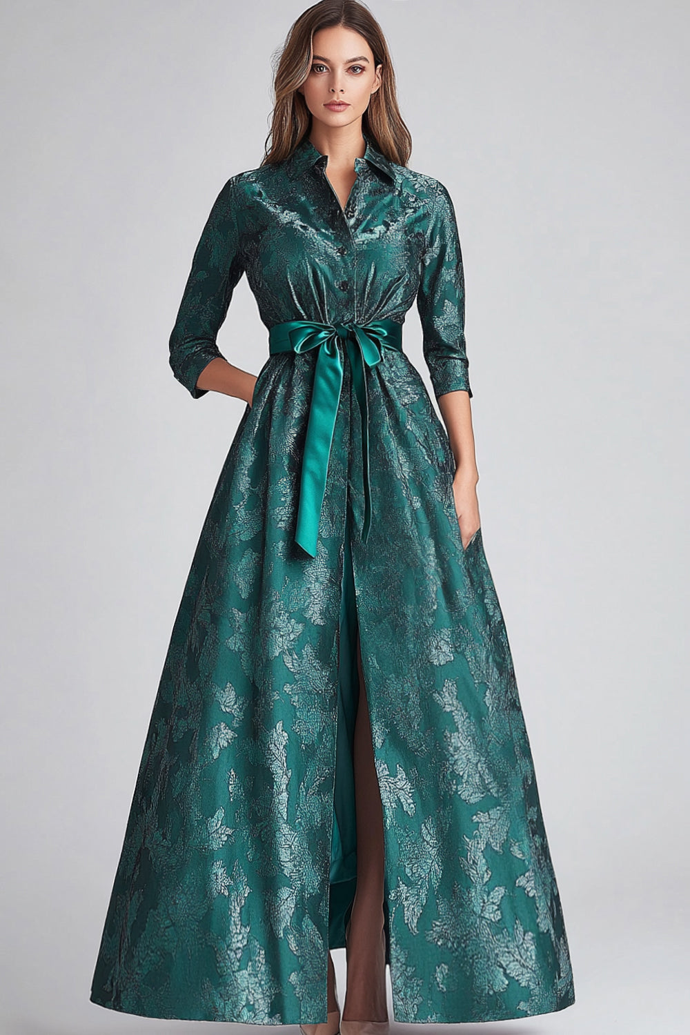 Floral Dark Green A Line Mother of the Bride Dress with 3/4 Sleeves