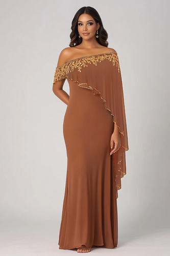 Sparkly Rust Off the Shoulder Chiffon Mother of the Bride Dress