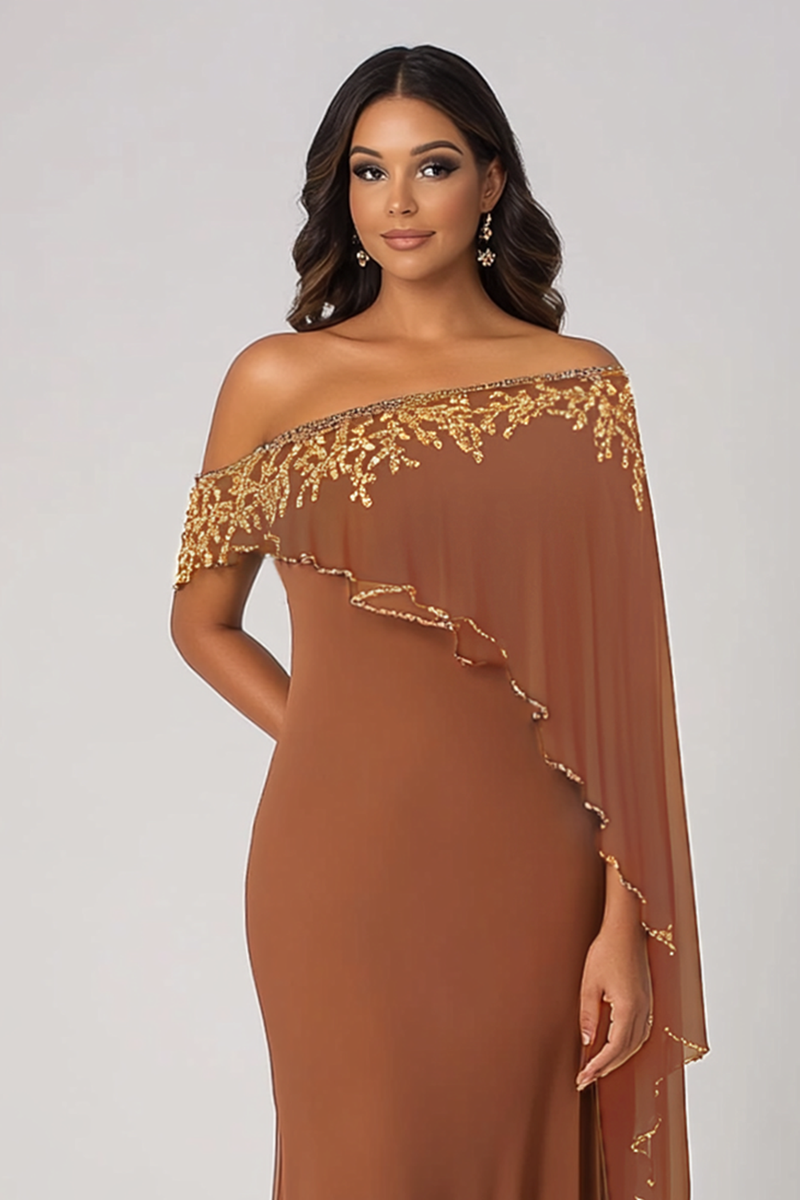 Load image into Gallery viewer, Sparkly Rust Off the Shoulder Chiffon Mother of the Bride Dress