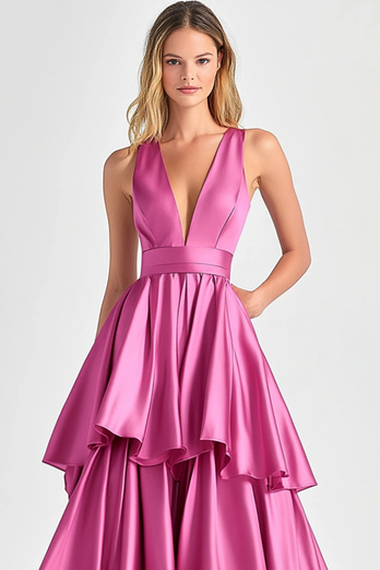 Fuchsia V-Neck Tiered Tiered Satin Long Formal Dress