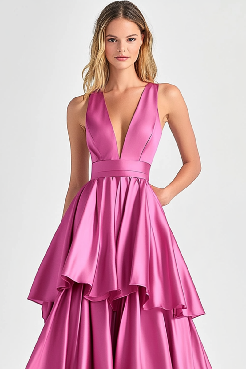 Load image into Gallery viewer, Fuchsia V-Neck Tiered Tiered Satin Long Formal Dress