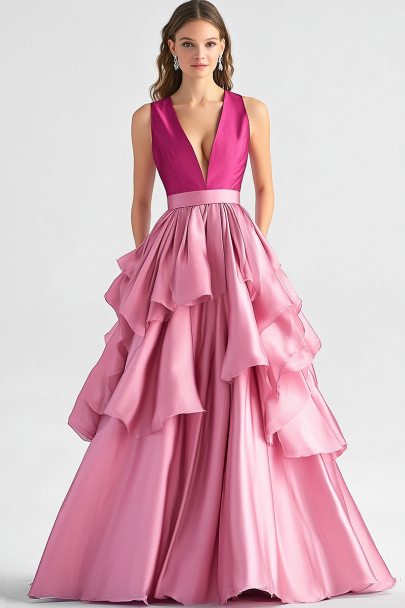 Load image into Gallery viewer, Hot Pink Ball Gown Tiered Satin Long Formal Dress