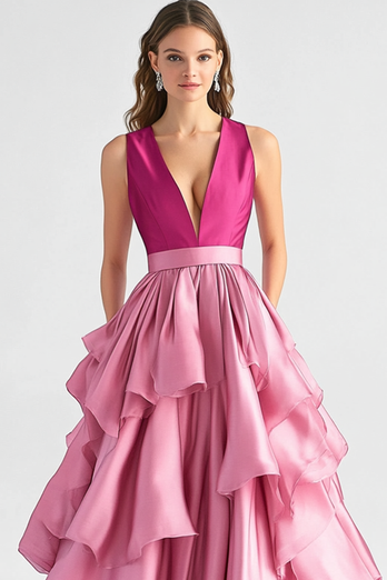 Hot Pink Ball Gown Tiered Satin Long Formal Dress