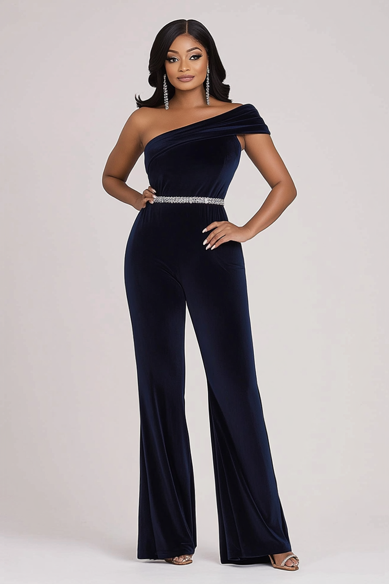 Load image into Gallery viewer, Navy Velvet One Shoulder Beaded Prom Jumpsuit