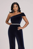 Load image into Gallery viewer, Navy Velvet One Shoulder Beaded Prom Jumpsuit