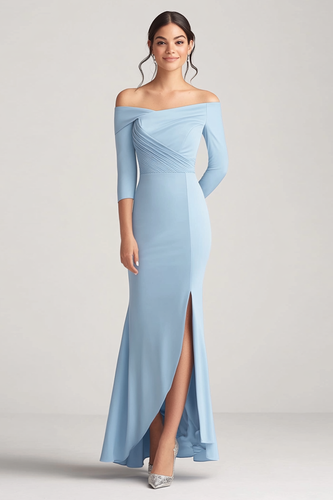 Sky Blue Off the Shoulder Asymmetrical Chiffon Mother of the Bride Dress