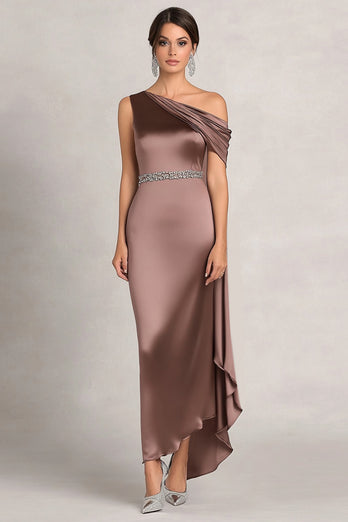 Taupe Satin Asymmetrical Chiffon Mother of the Bride Dress