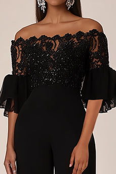 Sparkly Black Off the Shoulder Prom Jumpsuit with Lace