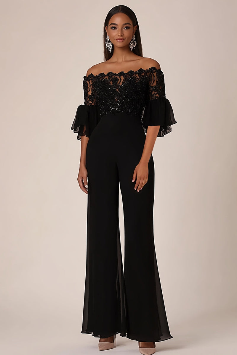 Load image into Gallery viewer, Queendancer Women Sparkly Black Lace Prom Jumpsuit Off the Shoulder Floral Cchiffon Half Sleeves Mother of the Bride Dress