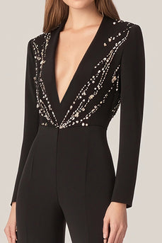 Black Sparkly Deep V-Neck Prom Jumpsuit with Pockets