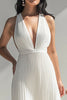 Load image into Gallery viewer, Ivory Pleated Deep V-Neck Chiffon High Waist Prom Jumpsuit