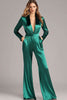 Load image into Gallery viewer, Queendancer Women Dark Green  Prom Jumpsuit Deep V-Neck High Waist Satin Formal Dress with Long Sleeves