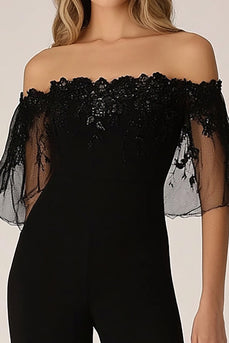 Black Chiffon Off the Shoulder Prom Jumpsuit with Embroidery