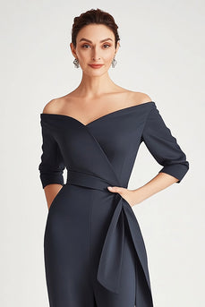 Elegant Navy Off the Shoulder Mother of the Bride Dress