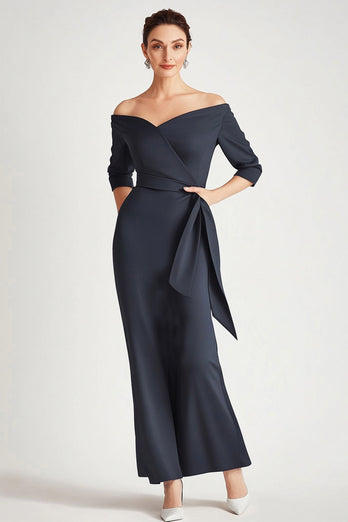 Elegant Navy Off the Shoulder Mother of the Bride Dress