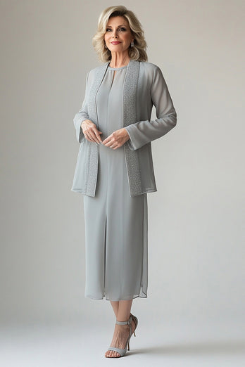 Queendancer Women Light Grey Mother of the Bride Dress with Sequin Jacket Chiffon Long Sleeves Tea Length Mother of the Groom Dress