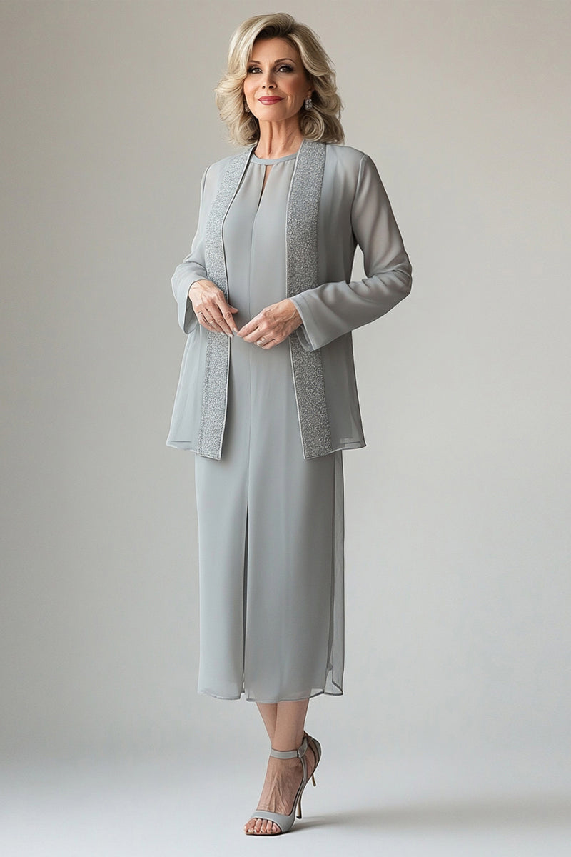 Load image into Gallery viewer, Queendancer Women Light Grey Mother of the Bride Dress with Sequin Jacket Chiffon Long Sleeves Tea Length Mother of the Groom Dress