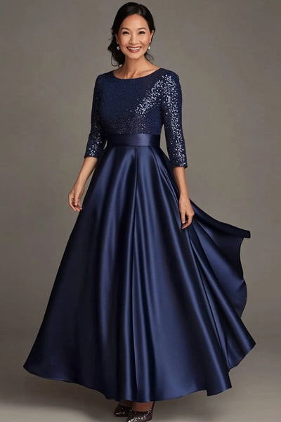 Queendancer Women Sparkly Navy Mother of the Bride Dress Satin Scoop Neck A Line 3/4 Sleeves Mother Dress