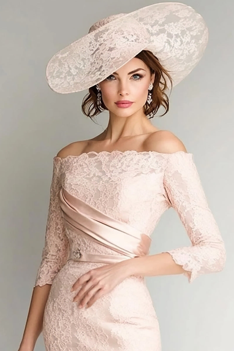 Load image into Gallery viewer, Floral Blush Lace Off the Shoulder Short Mother of the Bride Dress