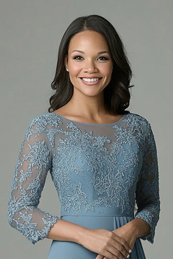 Floral Dusty Blue Illusion 3/4 Sleeves Mother of the Bride Dress