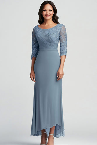 Dusty Blue Floral Ruched Asymmetrical Mother of the Bride Dress