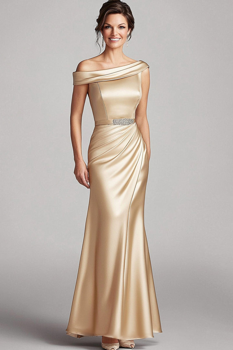 Load image into Gallery viewer, Champagne Satin Ruched Mother of the Bride Dress with Beading