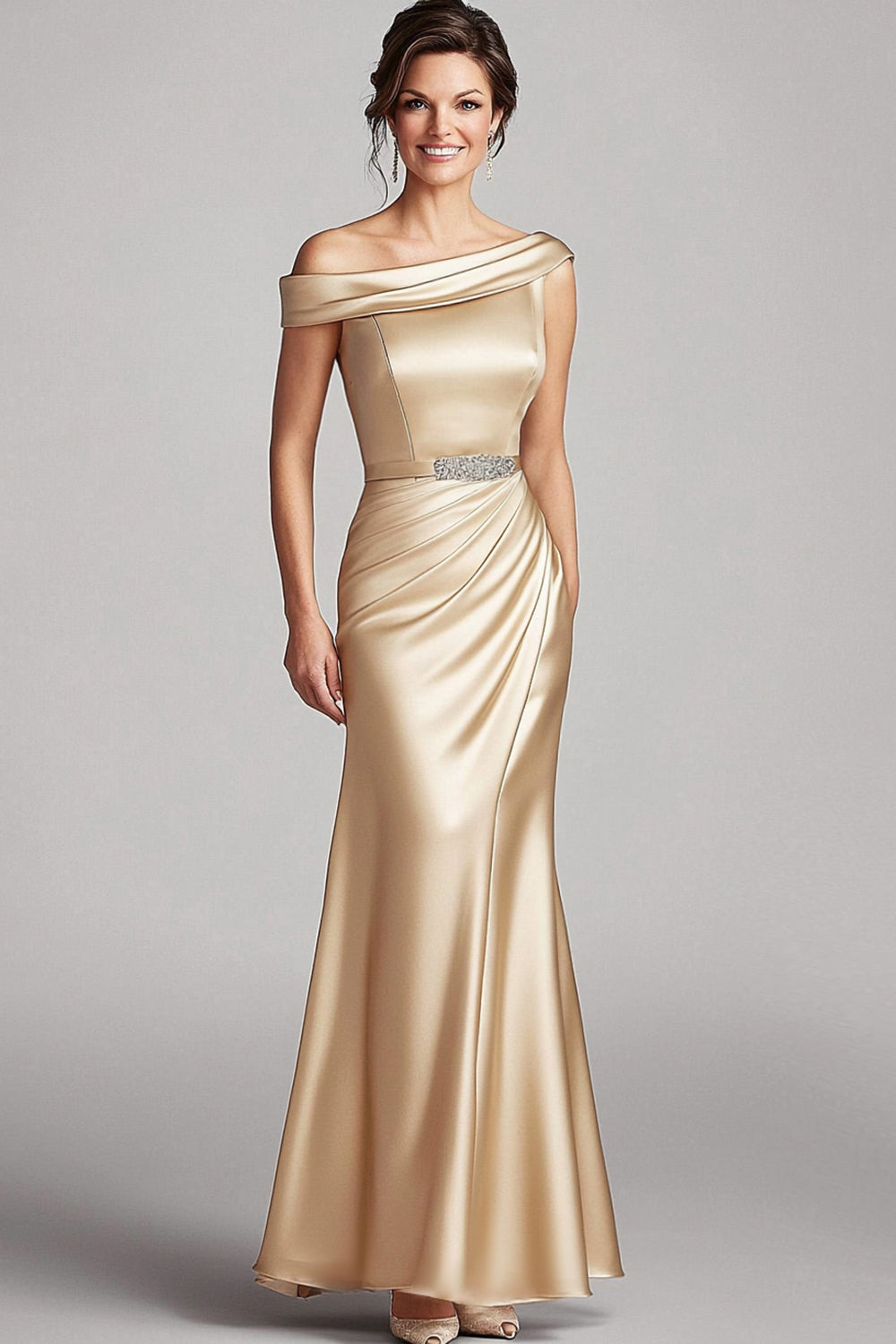 Champagne Satin Ruched Mother of the Bride Dress with Beading