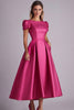 Load image into Gallery viewer, Fuchsia A Line Puff Sleeves Satin Mother of the Bride Dress